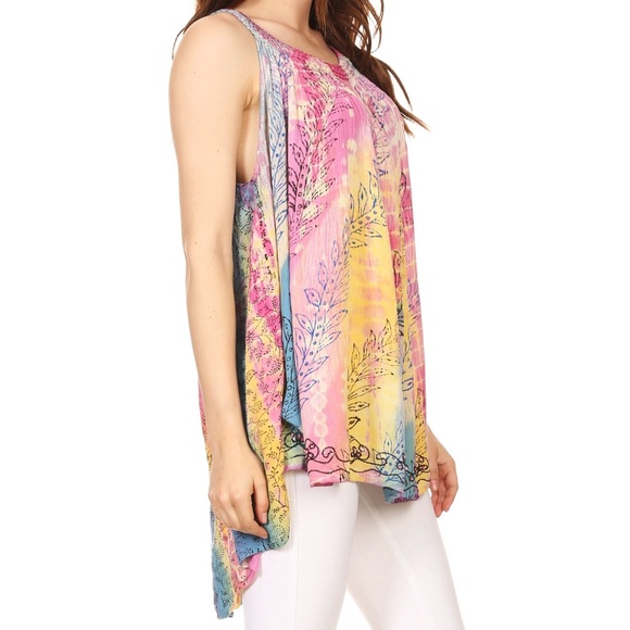 Sakkas Amalia Picot Trim Scoop Neck Tank with Sequins and Embroidery - Fuchsia - Picture 3 of 8